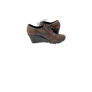 Sesto Meucci Women's 8.5 Wingtip Brown Leather Lace-Up Wedge Shoes Brogue